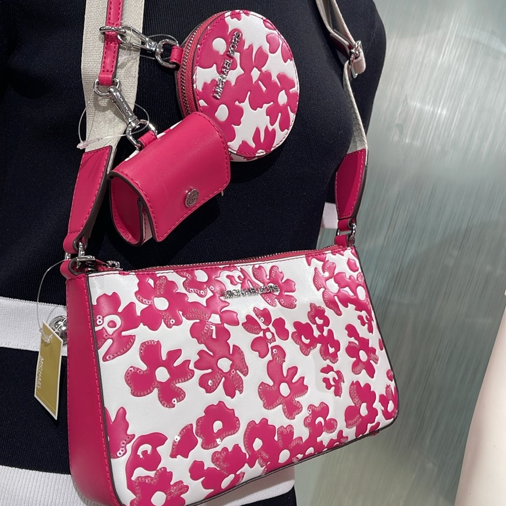 MICHAEL KORS Jet Set Sm Sequined Floral Print Crossbody Bag Case Apple Airpod - Picture 13 of 16